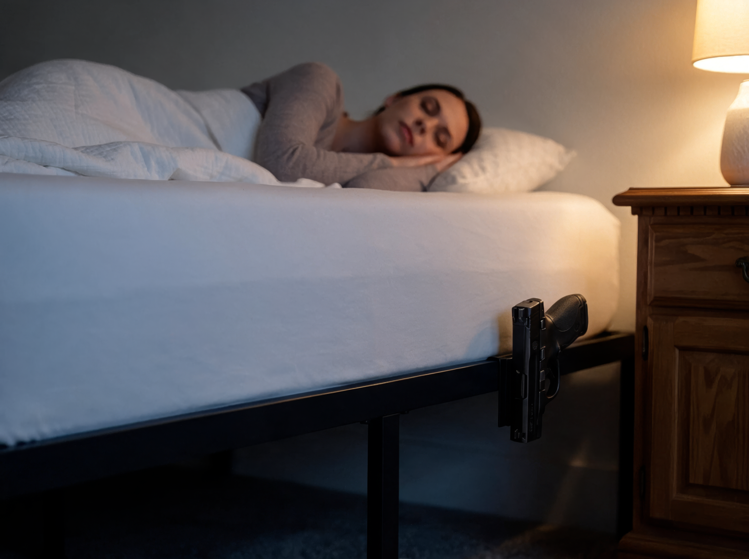 Sleeping woman with the RESTNLOAD mount installed beside the bed