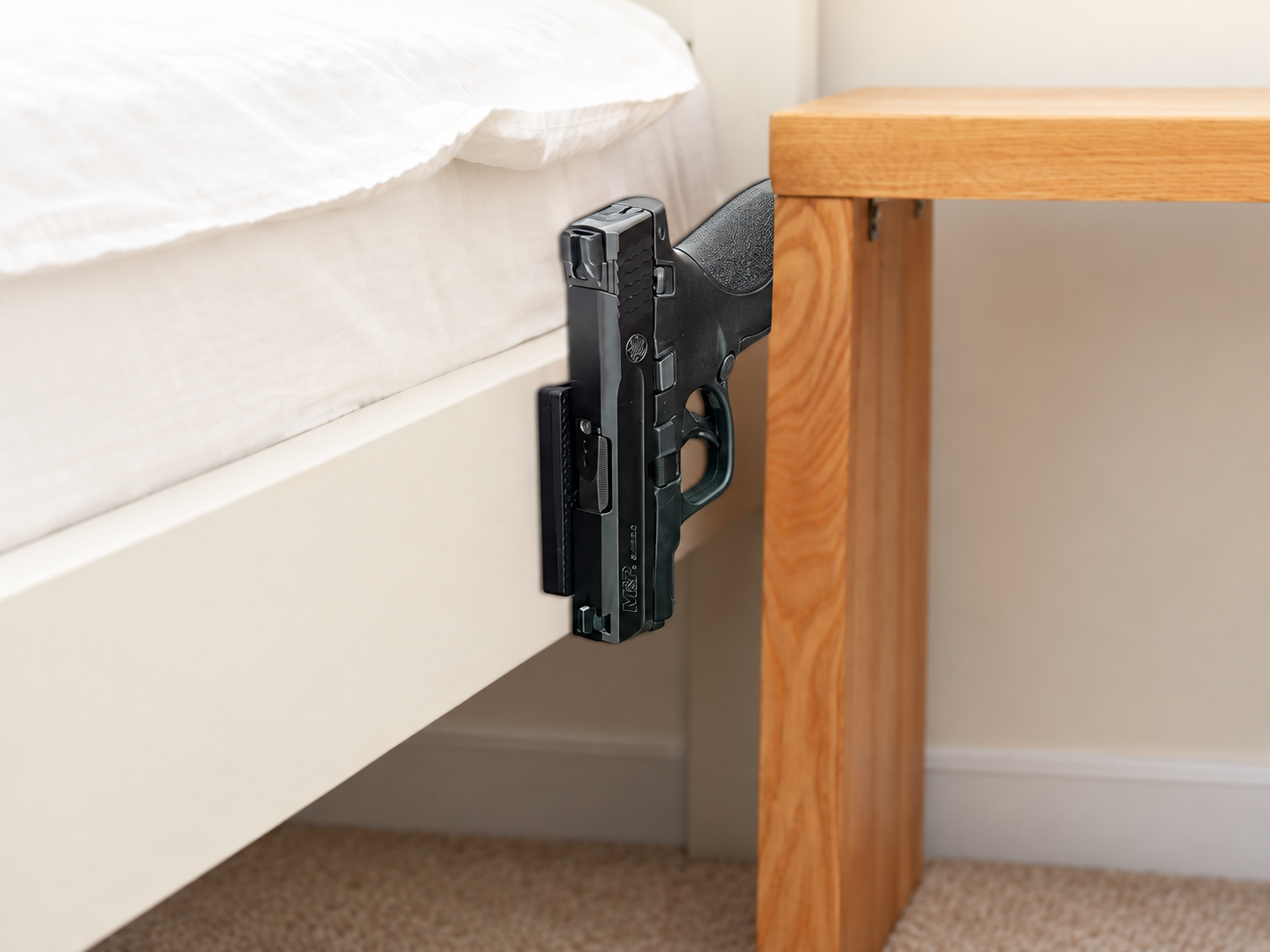 Standalone magnet mounted on a wooden bed frame