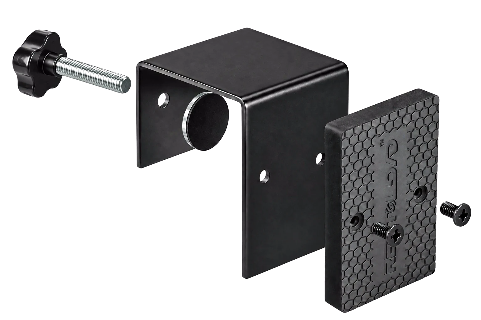 Expanded view of the mount's adjustment knob, steel bracket, pressure foot and rubber-covered magnet